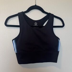 Move Theology Black High Neck Racerback Sports Bra with Blue and White Stripes
